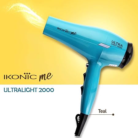 Ikonic Ultralight Professional Hair Dryer 2000 Watts with Nozzle, Diffuser, Hot and Cold Air Feauture, 2 Speed 3 Heat Settings with Cool Shot,Hanging Loop,For both Men and Women, Suitable for all Hair Types, Teal