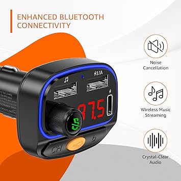 Amazon Basics Car Bluetooth Device with FM Transmitter | 7 Colour LED Lights | 6 Equalizer Presets | Dual USB + Type C Charger | USB MP3 Audio Playback | Voice Assistant