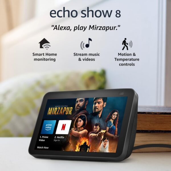 Amazon Echo Show 8 (latest model) - 8" HD Smart display, stereo sound speaker, 13MP camera for home monitoring, Bluetooth and Alexa (Black)