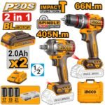 Ingco 20V Cordless Impact Wrench 405NM And Impact Drill 66NM, Brushless Motor, Variable Speed, LED Work Light, with 2Pcs 2.0Ah Battery And Charger, Packed by Carrying Case