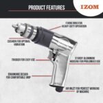 IZOM Iz-4031 3/8" (10Mm) Pneumatic Reversible Drill 1800 Rpm Aluminum Alloy 90 Psi Forward/Reverse Lever With Exhaust&Variable Speed Throttle,Multicolor - Image 3